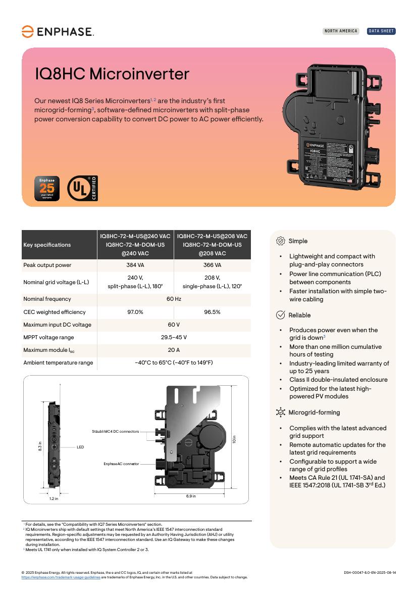Enphase IQ8HC Microinverter manufacturer specification sheet cover
