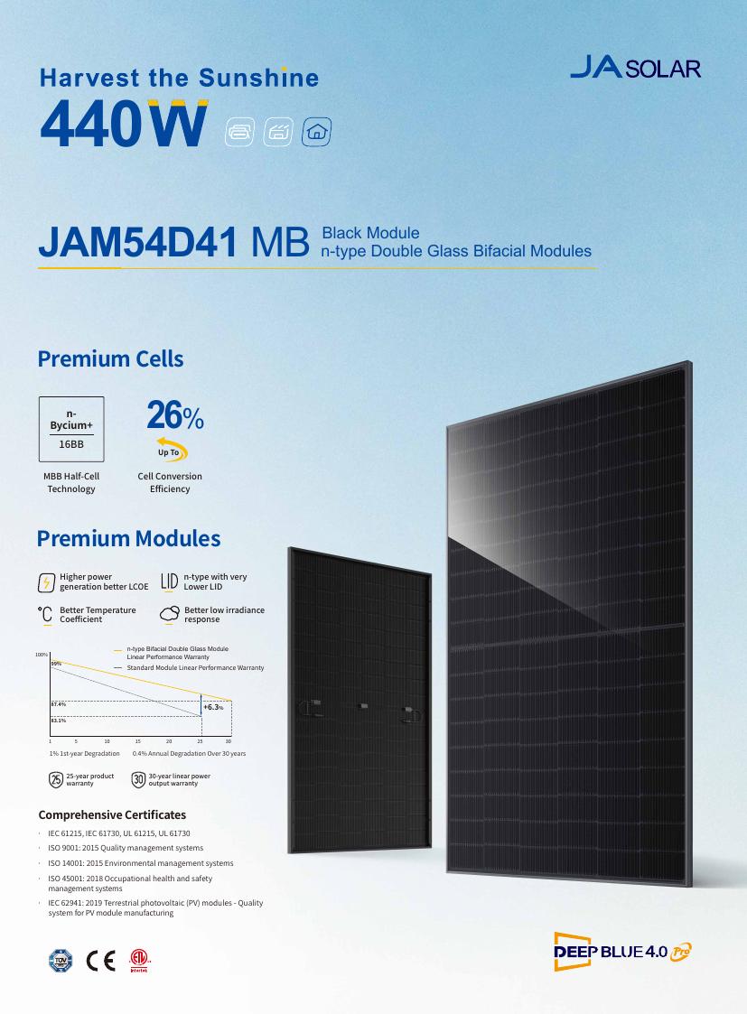 JA Solar JAM54D41 MB manufacturer specification sheet cover