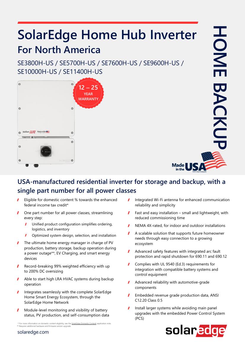 SolarEdge Home Hub Inverter manufacturer specification sheet cover